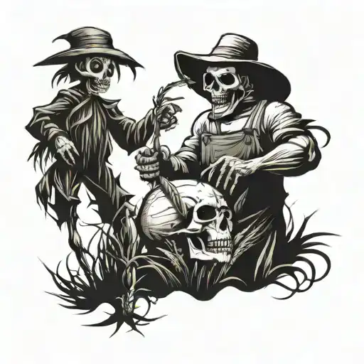 A Corn Farmer Harvesting Crops With A Skull-shaped Scarecrow In The Background