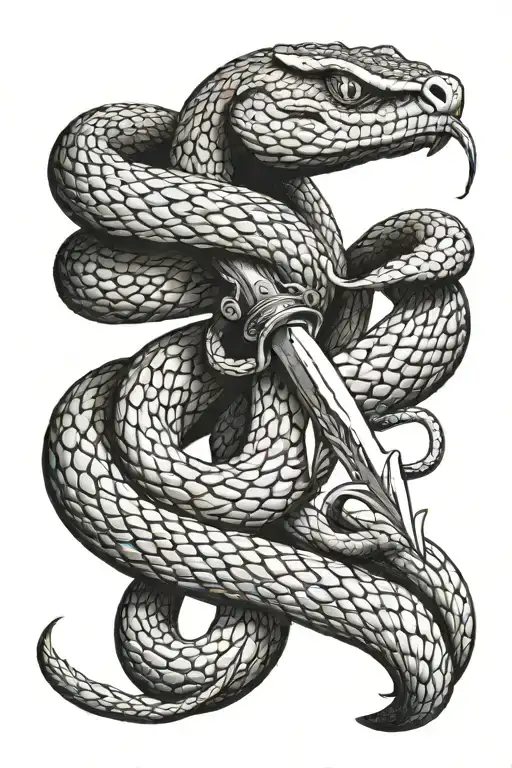 Long Detailed Snake Wrapped Around Pointy Sword And Hissing