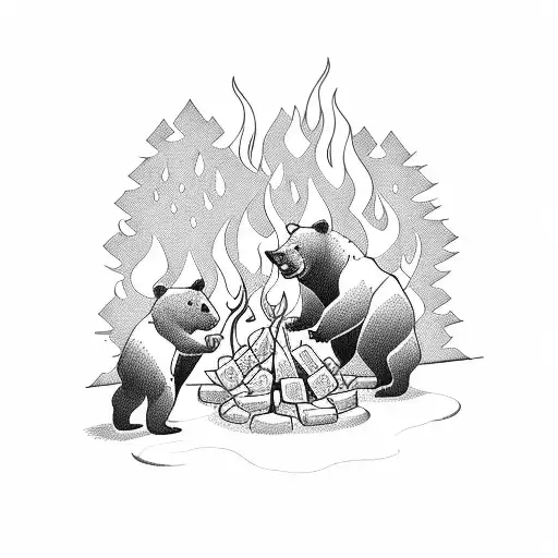 Bear Roasting A Marshmallow Over A Fire At A Campsite