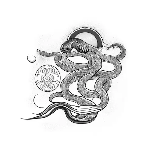 Long Snake With Sun On One End And Moon On Other End And Flowers Throughout