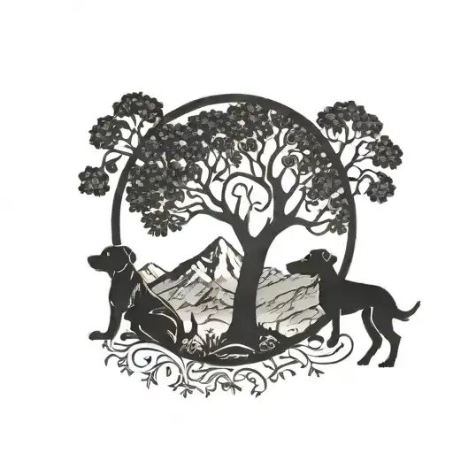 Tree Of Life And Dogs Paw Print In A Circle With Mountains In The Background