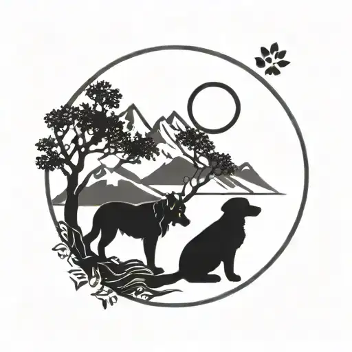 Tree Of Life And Dogs Paw Print In A Circle With Mountains In The Background