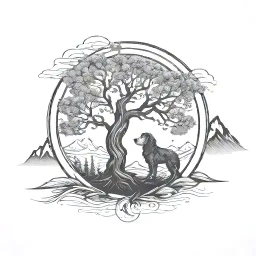 Tree Of Life With Small Cavapoo In A Circle With Mountains In The Background And Feathers