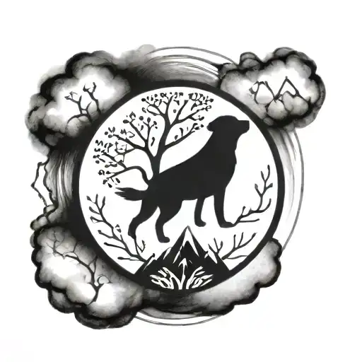 Small Tree Of Life In A Circle With Mountains In The Background And A Dog Paw