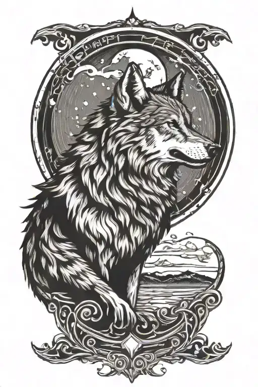 A Wolf Howling At The Moon With A Musical Staff Incorporated Into The Design