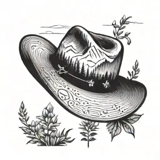 A Blackwork Design Of A Cowboy Hat With A Mountain Range And Wildflowers Inside