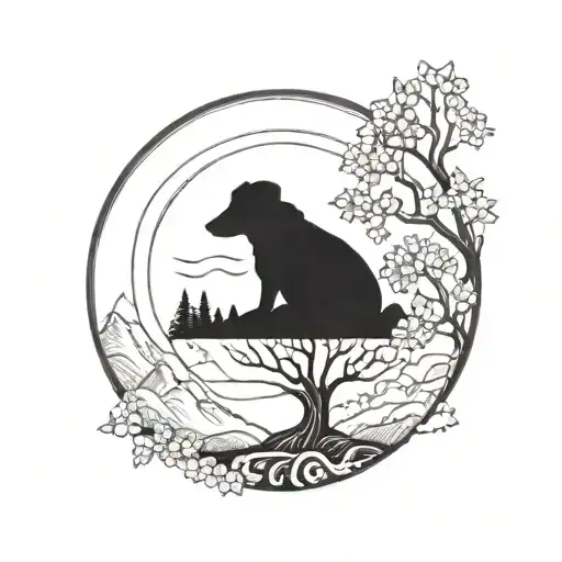 Tree Of Life And Dog Paw In A Circle With Mountains In The Background