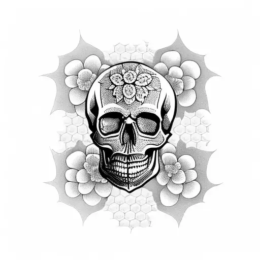 Skulls With Honeycomb Pattern In The Background And Flowers