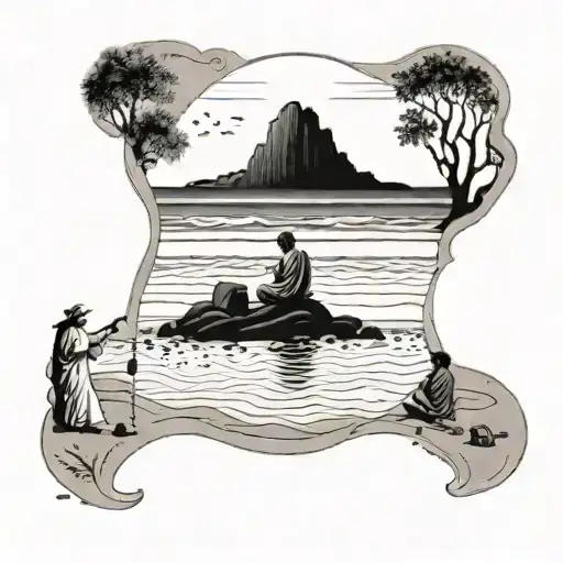 A Serene Beach Scene With A Religious Figure Watching Over A Family Playing In The Sand