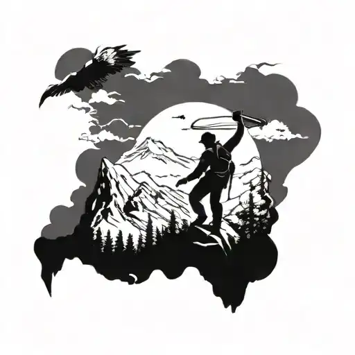 A Silhouette Of A Climber Scaling A Mountain Peak With A Majestic Eagle Flying Overhead