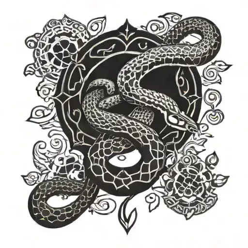 Half Sleeve Tattoo Featuring A Snake Wrapped Around Arm With Nordic Symbols In The Design