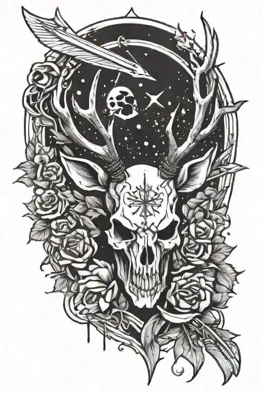 Stag Skull With Arrow Through Its Head And Memento Mori Arch Angel Flying