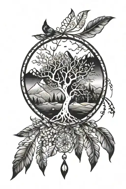 Dream Catcher With Tree Of Life And Mountains In The Circle