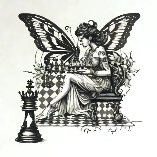 A Dancing Queen With Butterfly Wings Playing Chess On The Beach