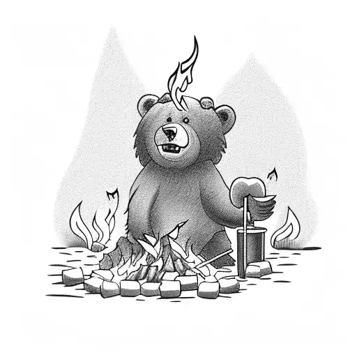 Bear Roasting A Marshmallow Over A Fire At A Campsite
