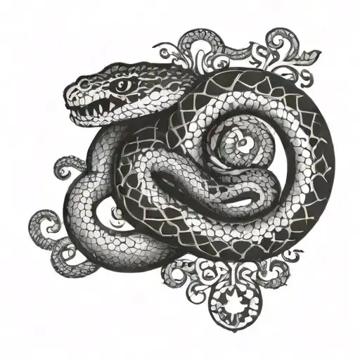 Half Sleeve Tattoo Featuring A Snake Wrapped Round With Nordic Symbols In The Design