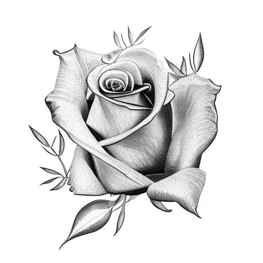 A Realistic Blackwork Tattoo Of A Blooming Rose Intertwined With An Olive Branch