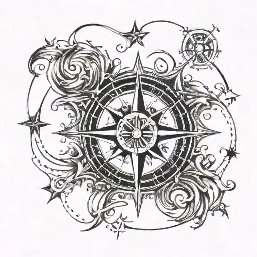A Compass Rose Surrounded By Swirling Water Currents And Guiding Stars