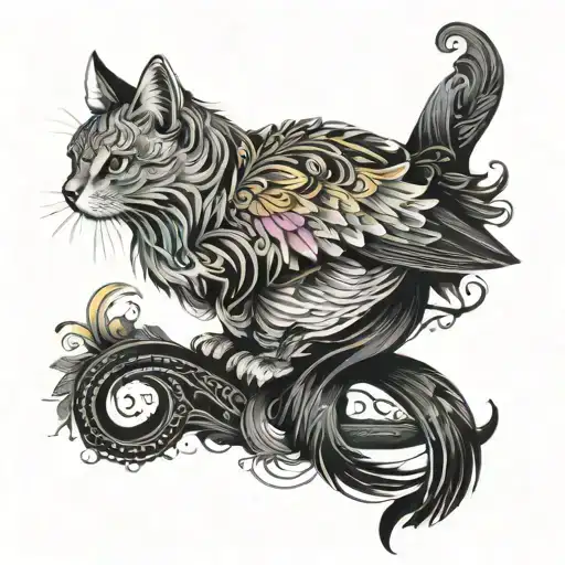 A Majestic Blackwork Tattoo Of A Colorful Bird Perched On A Cat's Tail