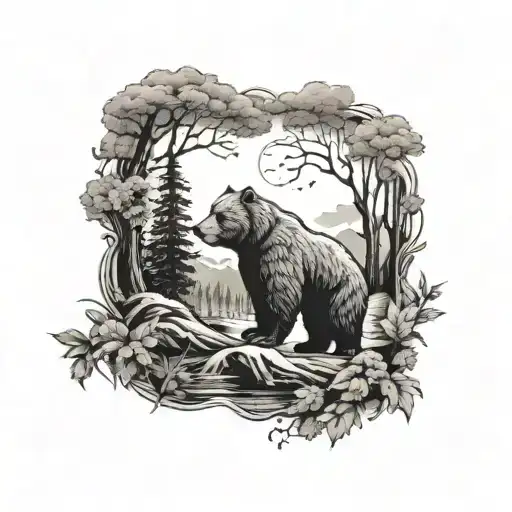 A Nature-themed Sleeve Tattoo Featuring A Bear And A Bald Eagle In A Harmonious Scene