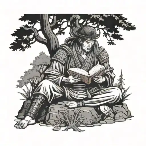 A Detailed Blackwork Tattoo Of A Samurai Warrior Reading A Book In A Tranquil Forest Setting