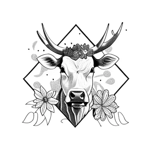 A Majestic Blackwork Tattoo Of A Cow Peacefully Grazing In A Field Of Colorful Flowers