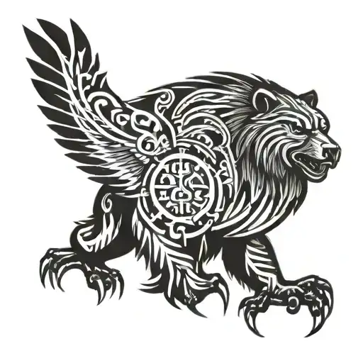 A Tribal-inspired Design Incorporating Elements Of A Bear And A Bald Eagle In A Bold Composition