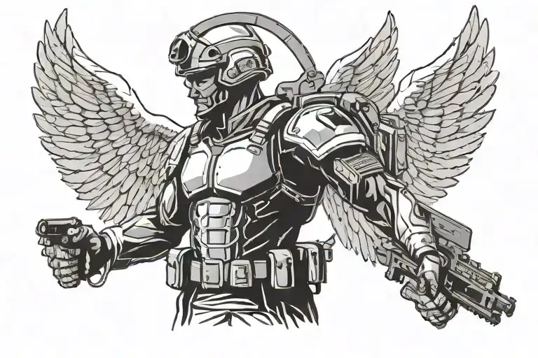 A Soldier With Open Arms In Full Tactical With With Angel Wings And Halo