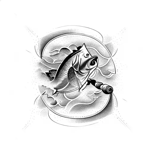 An Abstract Blackwork Tattoo Of Crashing Waves Merging With A Silhouette Of A Fishing Rod And Reel