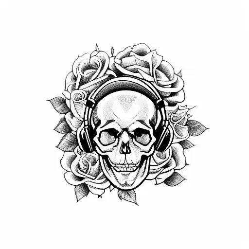 A Skull With Headphones Surrounded By Roses