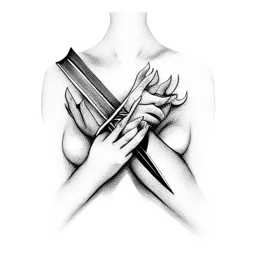 Fragile Women's Hands Hold A Halved Sword