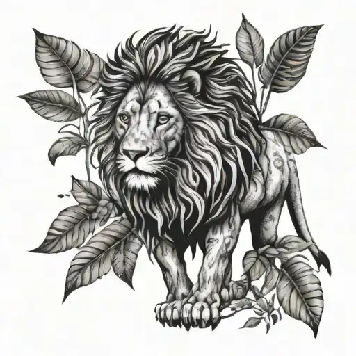 A Detailed Blackwork Tattoo Of A Majestic Lion Surrounded By Lush Jungle Foliage