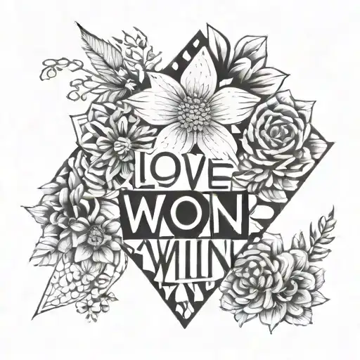 A Geometric Pattern Incorporating Different Flowers And The Phrase 'Love Will Win'