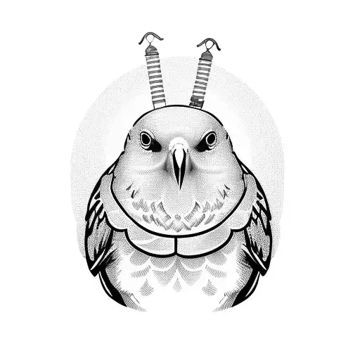 Budgie With A Hat And Belt On Fishing Rod