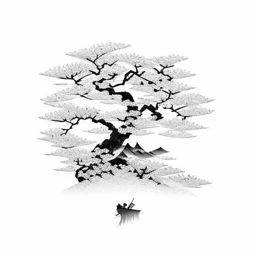 A Serene Japanese Landscape With A Cherry Blossom Tree And A Samurai Wielding A Katana