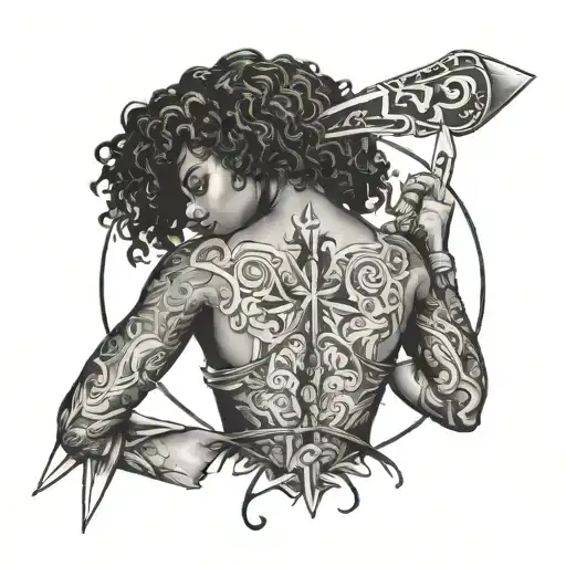 Black Women Sexy Back Facing Holding Knife Surrounded