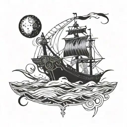 A Futuristic Pirate Ship Sailing Across A Crescent Moon