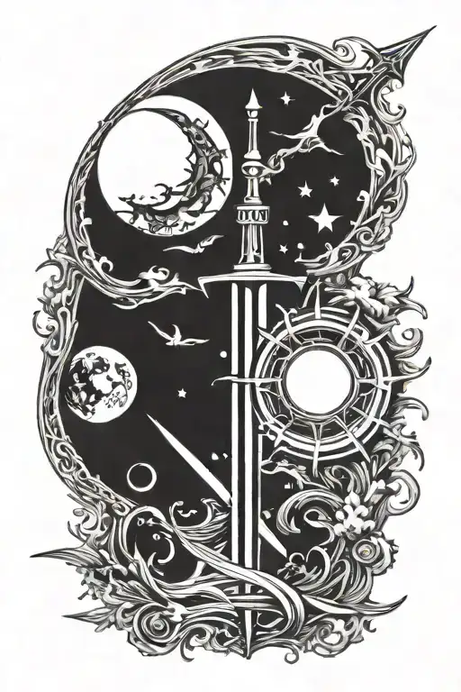 Sword Next To Rising Sun And Crescent Moon And Seven Starts