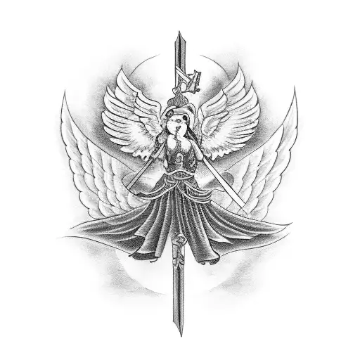 An Flying Angel With Seven Swords And A Cup In His Left Hand In The Clouds