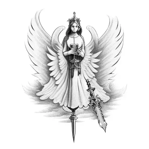 An Flying Angel With Sword In His Right Hand And A Cup In His Left Hand In The Clouds