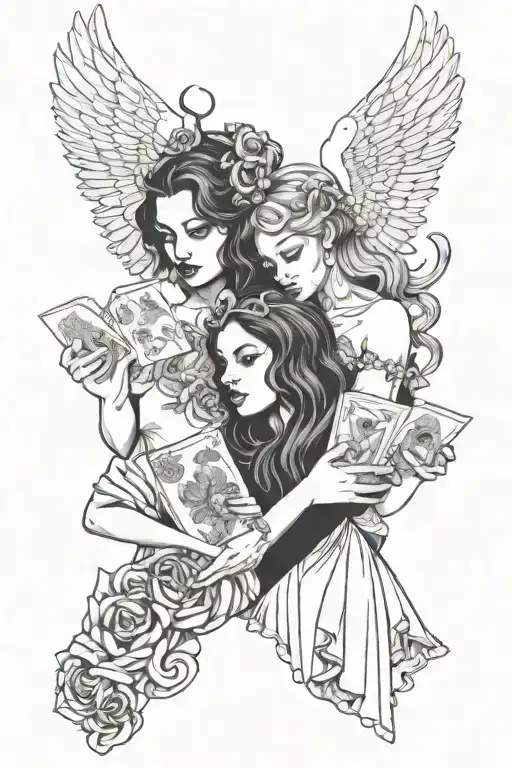 Angel And Demon Holding Cards Both Girls Face