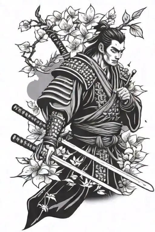 Samurai With Katana Sakura Flowers And Samurai Mask