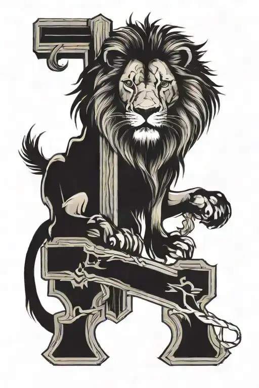 Lion Above A Wooden Cross