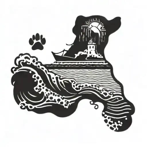 A Detailed Blackwork Tattoo Of Beach Waves Incorporating A Dog Paw In The Design