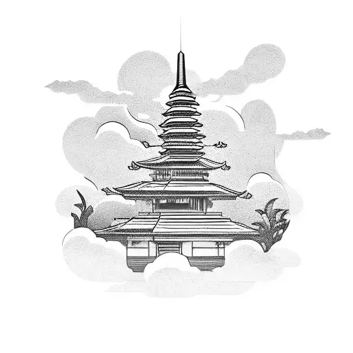 Vertical Rectangle Box With Balinese Temple Mountain And Clouds
