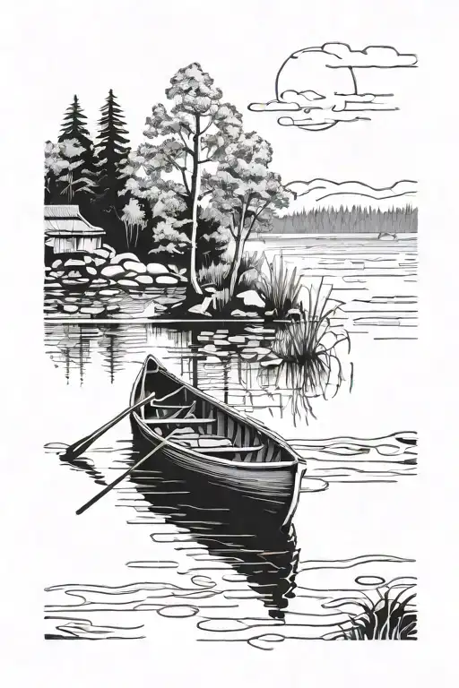 A Serene Riverside Scene With A Canoe Floating Peacefully On The Water