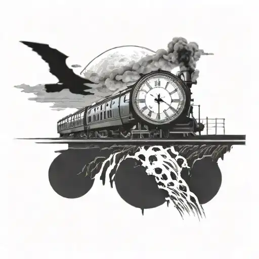 A Train Traveling Through A Surreal Landscape With A Clock Face As The Moon In The Sky