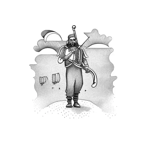 A Pied Piper Leading Humans Towards A Sunset With His Flute