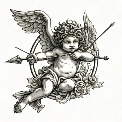 A Blackwork Tattoo Of A Greek Mythology Scene Featuring A Baby Cupid Angel With A Bow And Arrow
