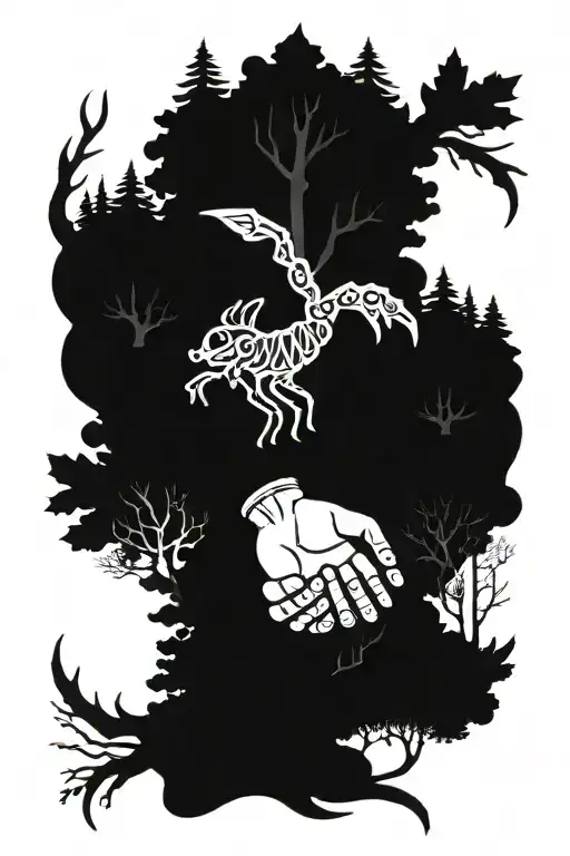 A Blackwork Design Of A Mystical Scorpio Holding A Child's Hand In A Canadian Forest Setting